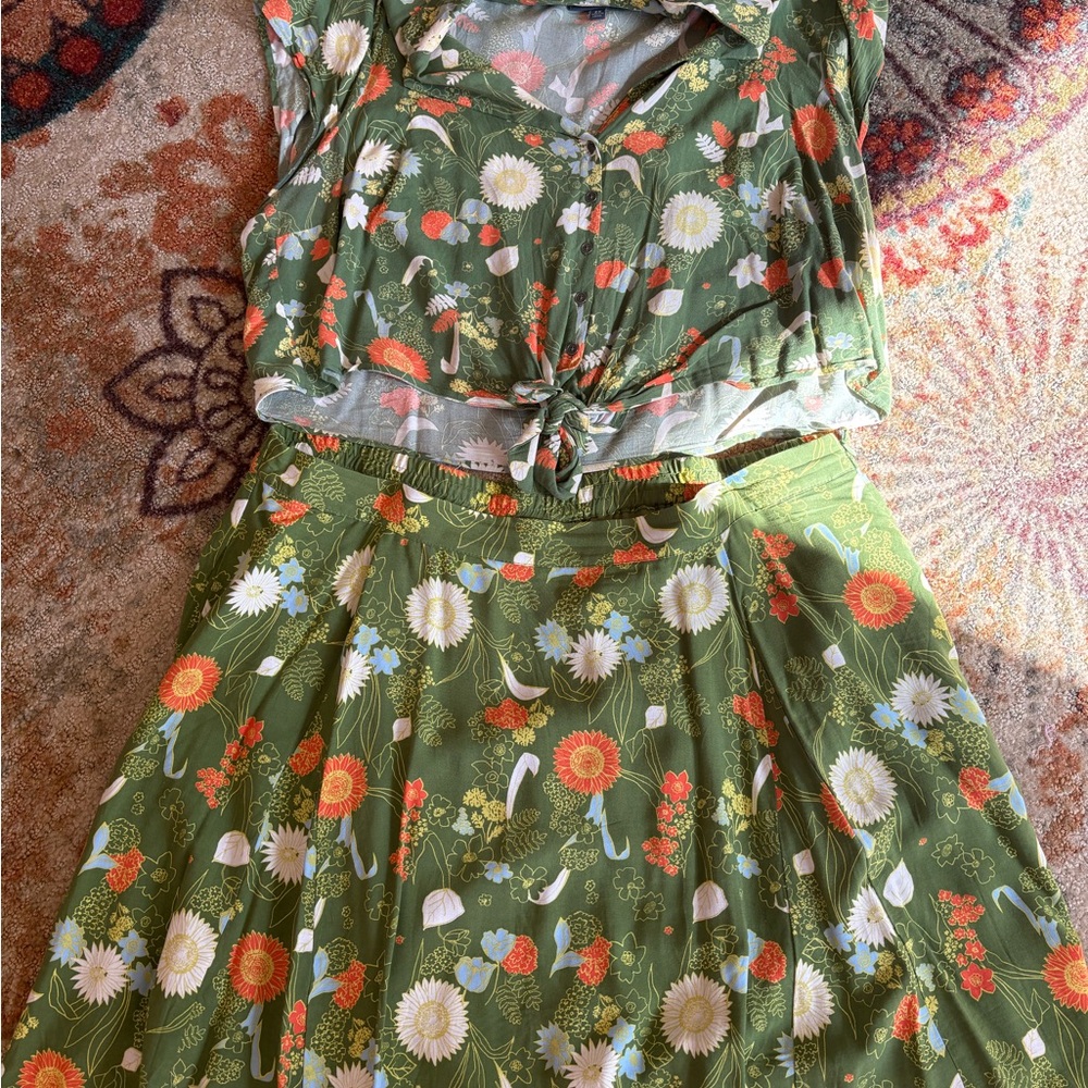 ModCloth Olive Green Floral A-Line Skirt and Crop top with tie